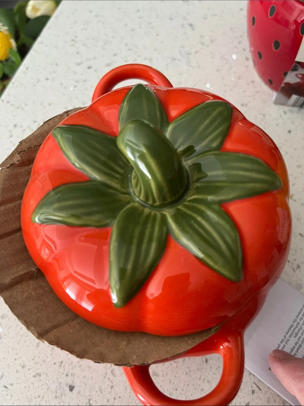 Red Ceramic Tomato Bowl with Lid - Decorative Fruit Design